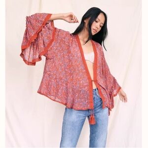 Free People Lola Kimono Top Floral Tie Front Burnt Orange Red Blue M